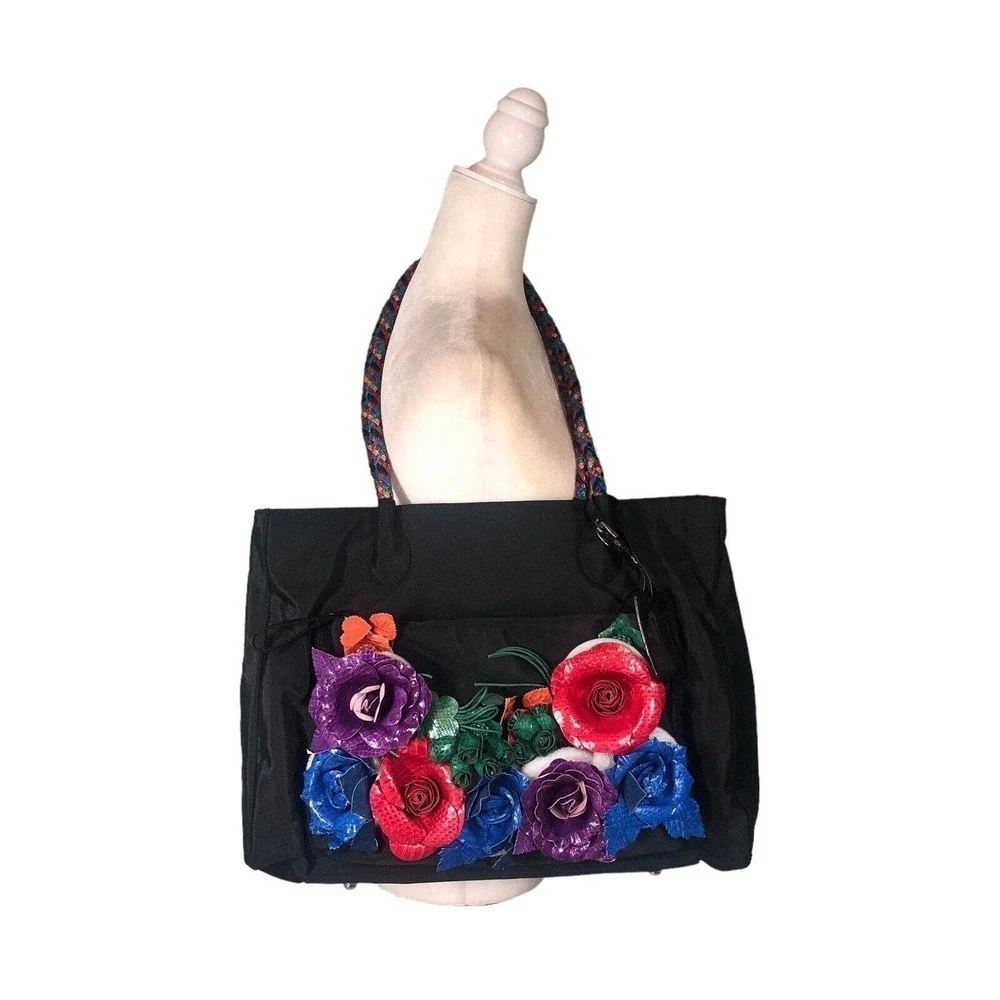 Dan W Black Nylon and Leather Floral Oversized‎ Tote 1990's Statem Bag Vintage